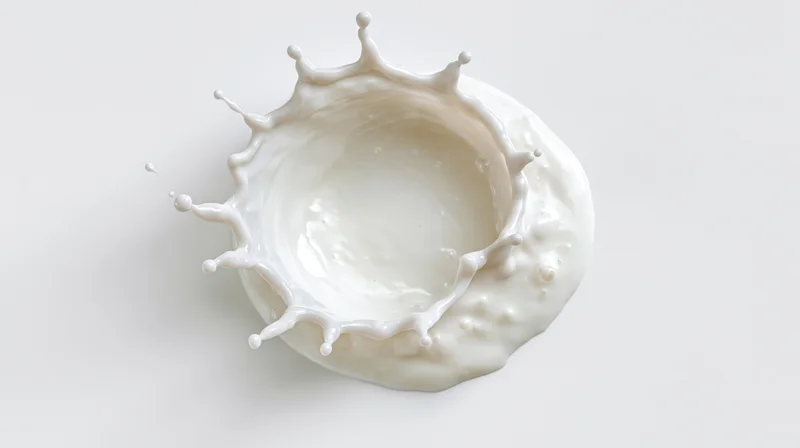 Overhead view of a white milk splash forming a crown shape on a plain surface