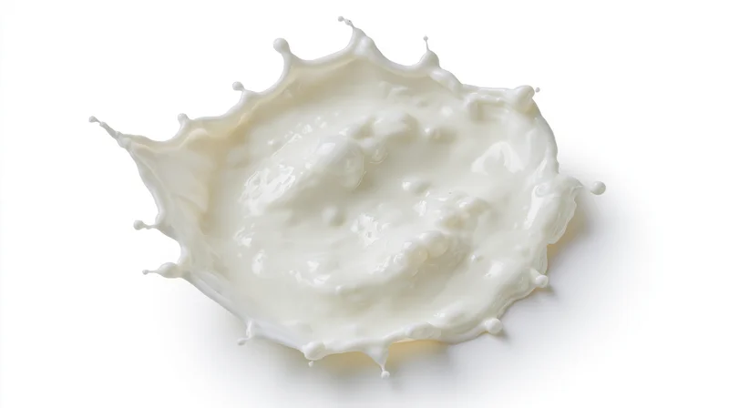 Overhead view of a white milk splash forming a crown shape on a plain surface