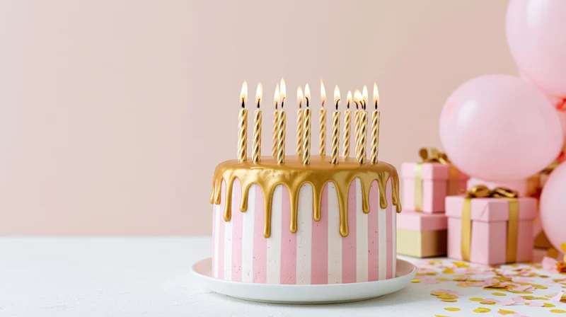 Pink and white striped birthday cake with gold drip frosting and lit candles on a table beside gifts and balloons
