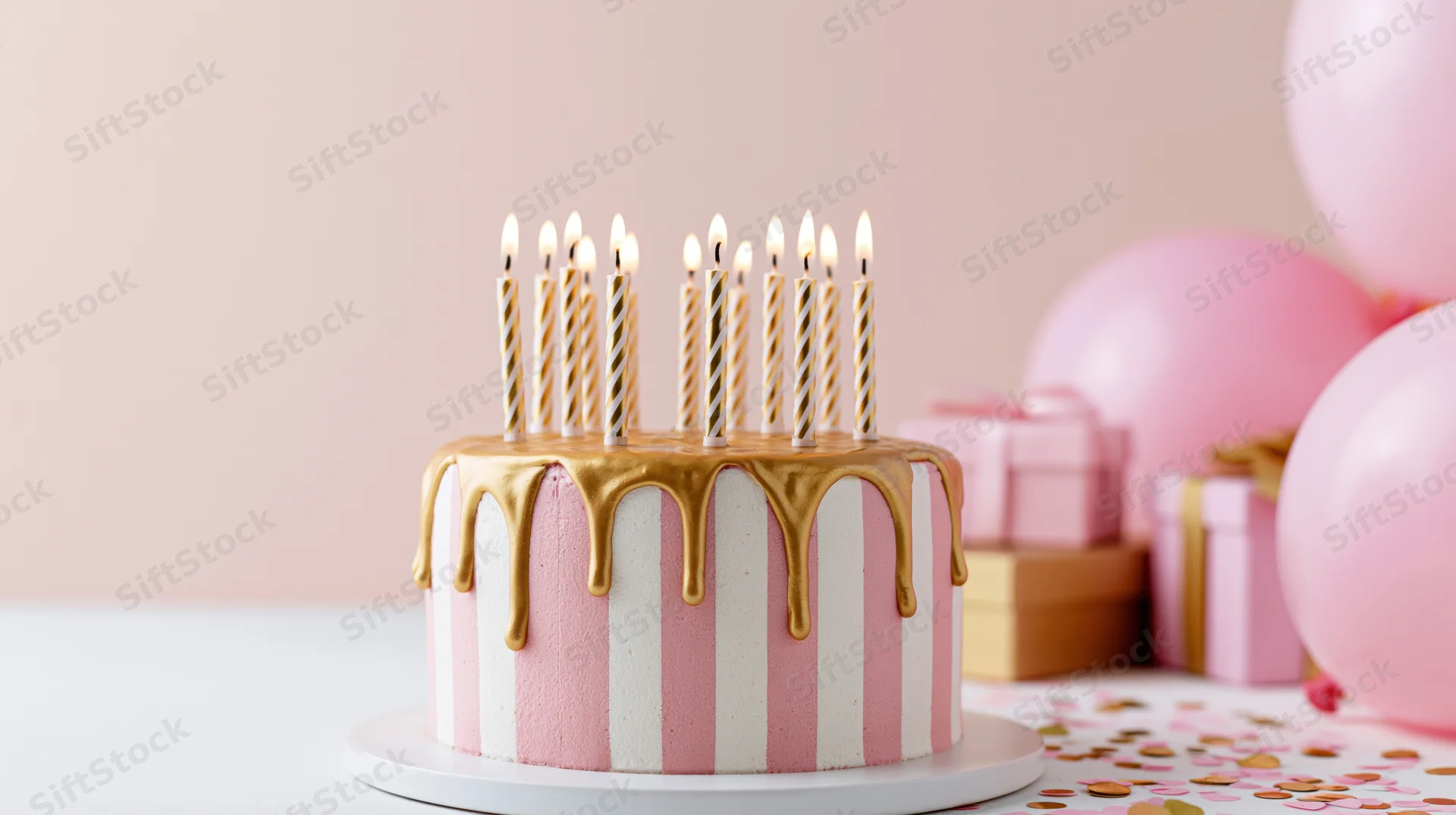 Pink and white striped birthday cake with gold drip frosting and lit candles on a table with balloons and gifts