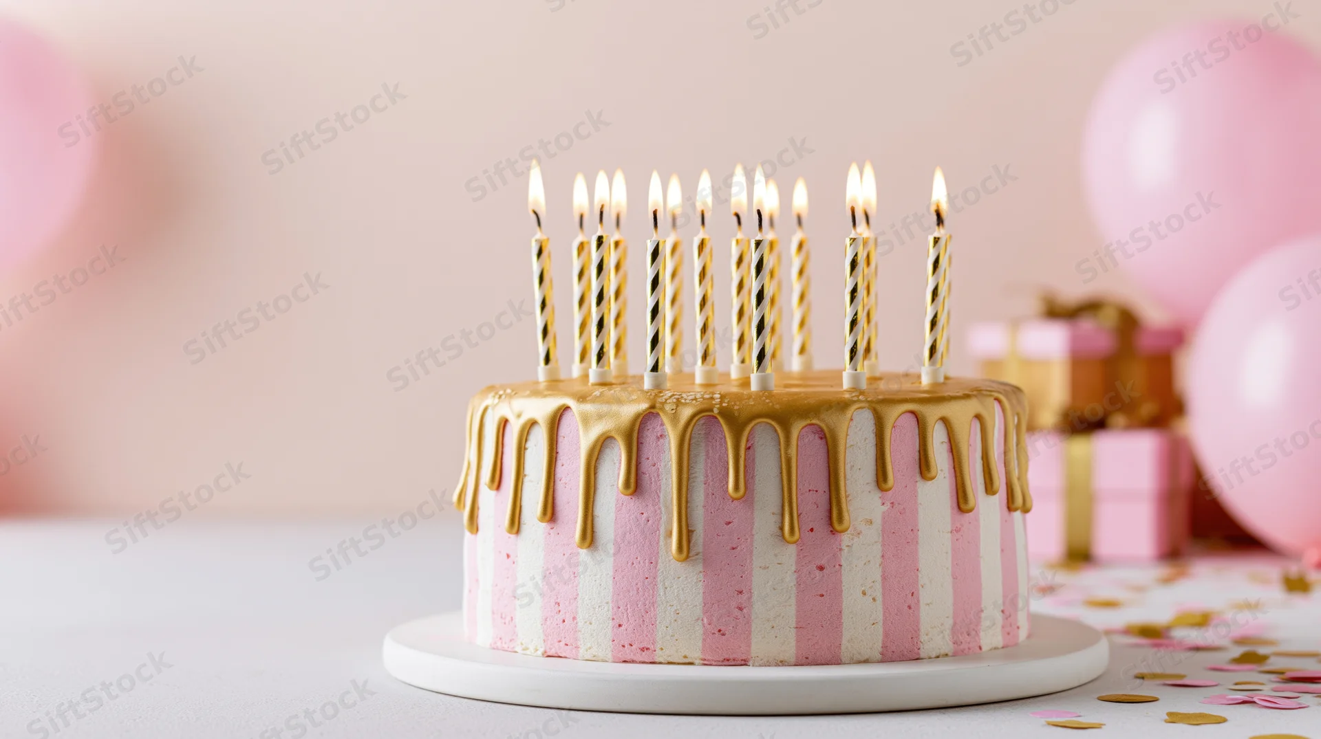 Pink and white striped birthday cake with gold drip frosting and lit candles on a table with balloons and gifts in the background