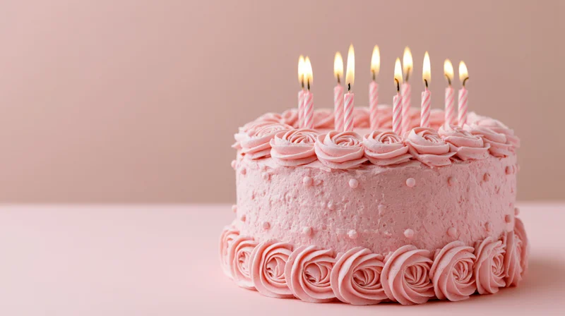 Pink birthday cake with lit striped candles and piped rosettes on a smooth surface
