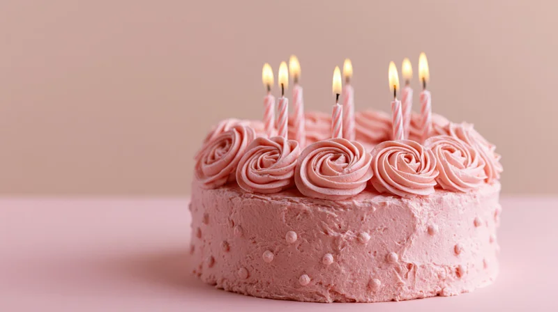 Pink birthday cake with lit striped candles and piped rosettes on a plain surface