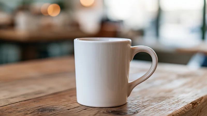 White ceramic coffee mug on worn wooden table in cafe interior