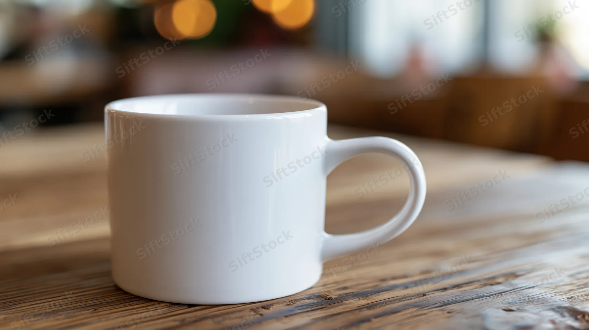 White ceramic coffee mug on a worn wooden table in a cafe interior