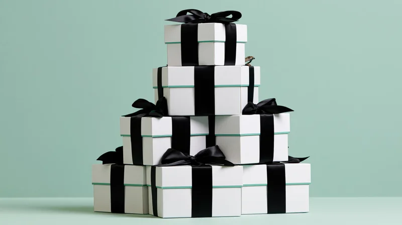 Pyramid stack of white gift boxes tied with black satin ribbons on a mint green surface