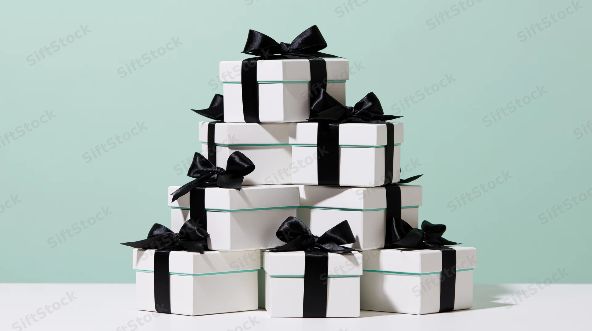 Pyramid stack of white gift boxes tied with black satin ribbons on a light green background