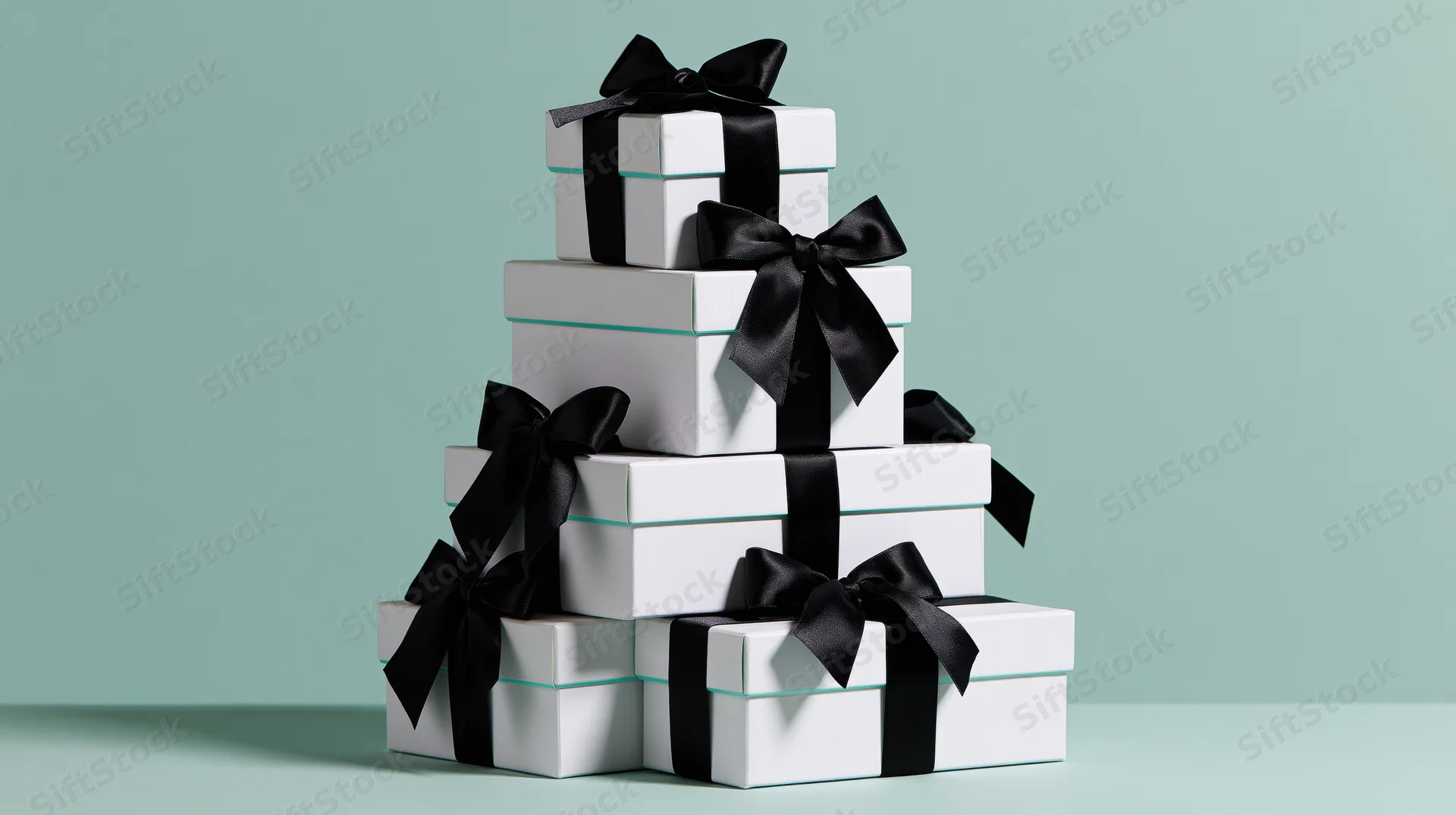 Pyramid stack of white gift boxes tied with black satin ribbons on a mint green surface