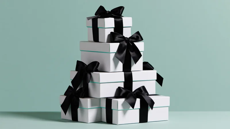 Pyramid stack of white gift boxes tied with black satin ribbons on a mint green surface