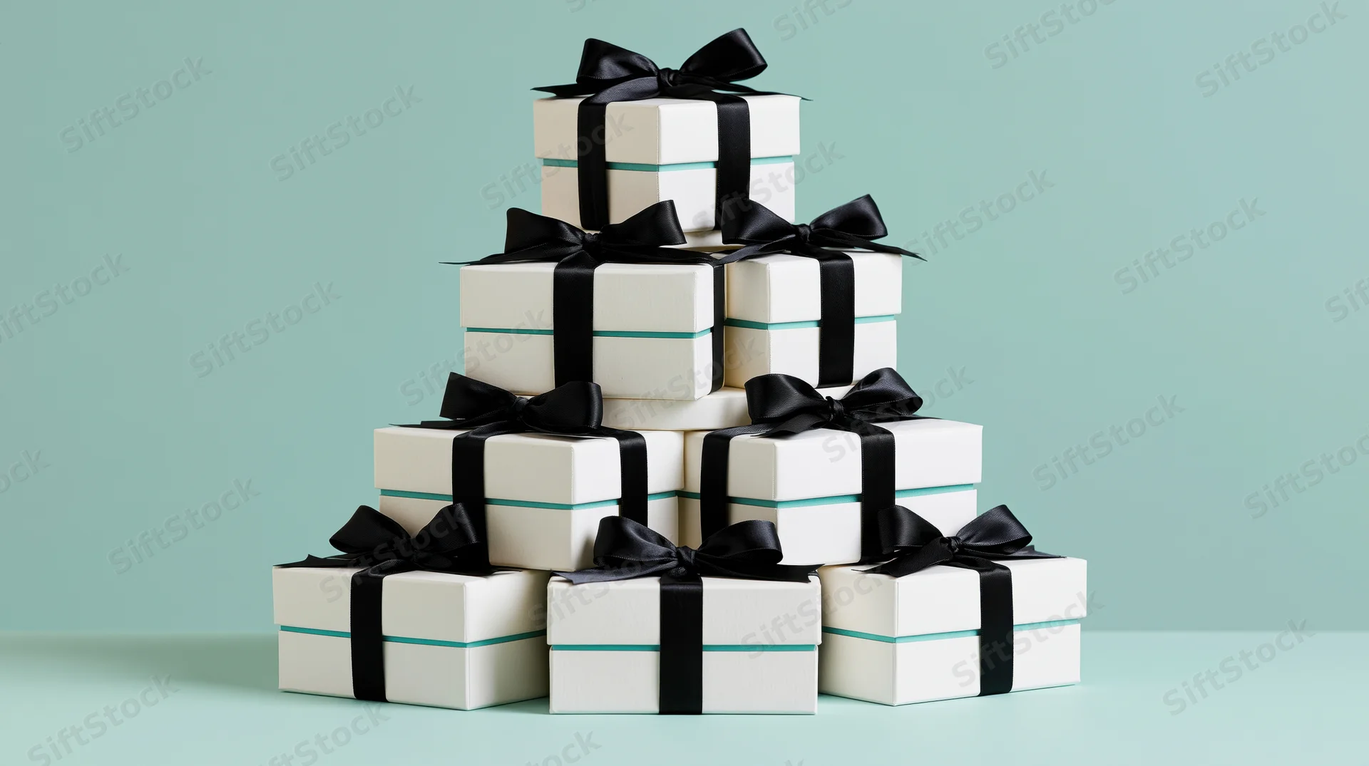 Pyramid stack of white gift boxes tied with black satin ribbons on teal background