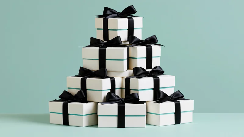 Pyramid stack of white gift boxes tied with black satin ribbons on teal background