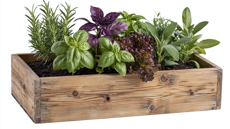 Rectangular wooden planter box filled with mixed fresh herbs and leafy greens on white background