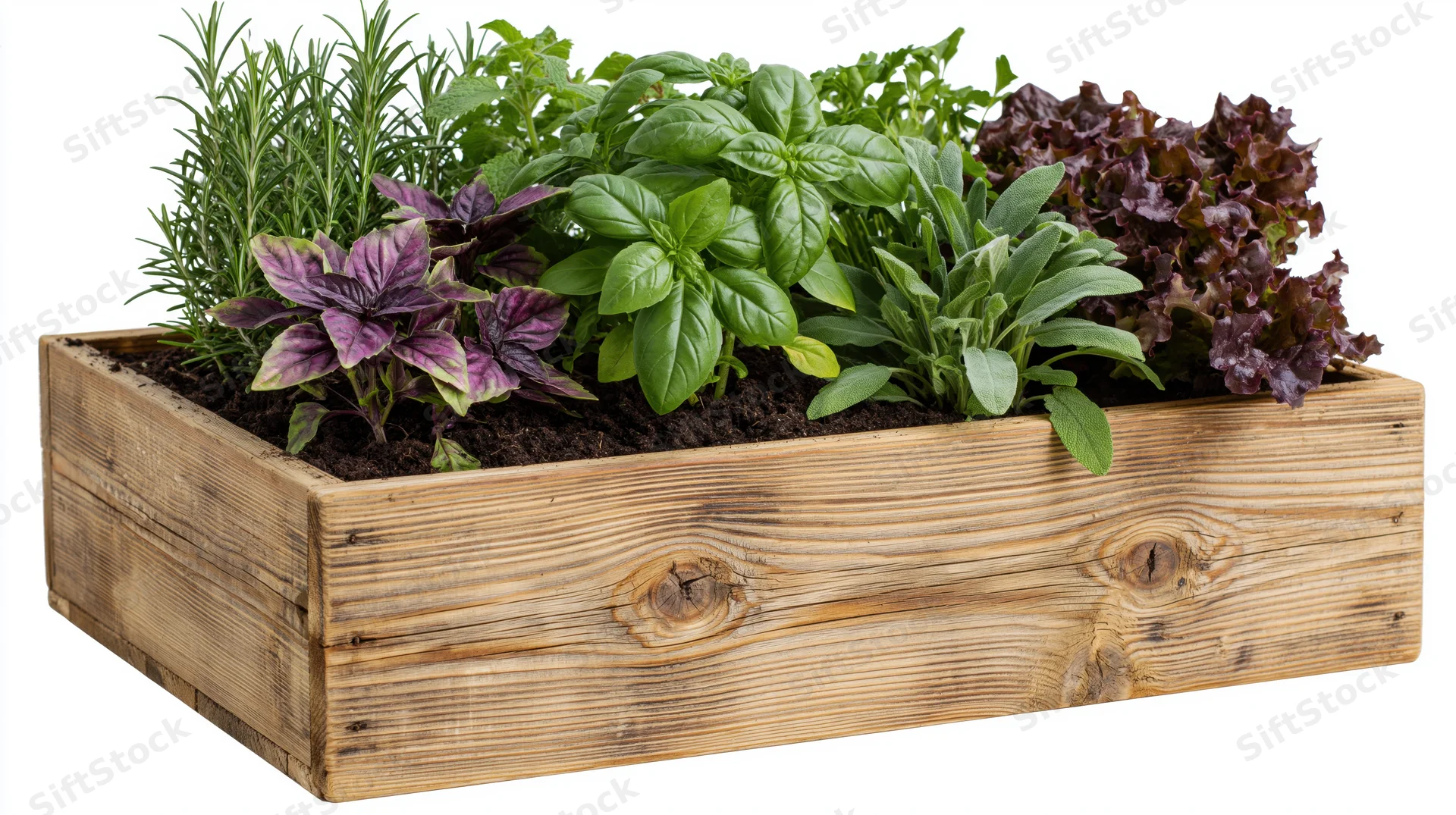 Rectangular wooden planter box filled with mixed fresh herbs and leafy greens on white background