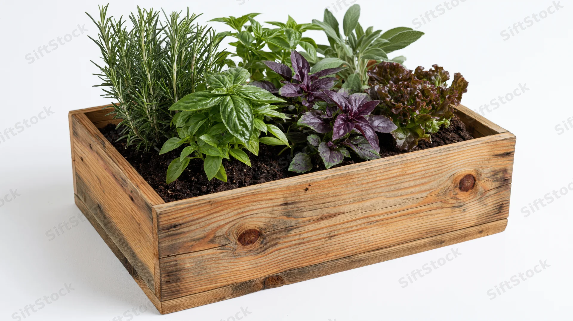 Rectangular wooden planter box filled with mixed fresh herbs and leafy greens on white background