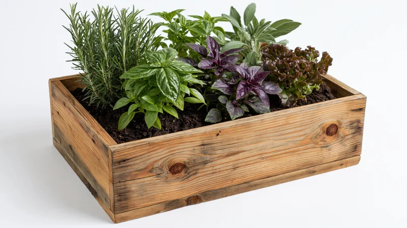 Rectangular wooden planter box filled with mixed fresh herbs and leafy greens on white background