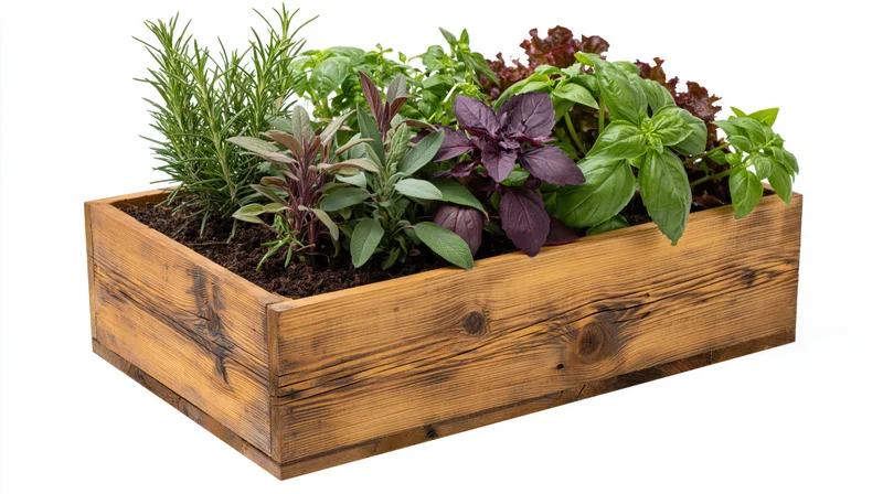 Rectangular wooden planter box filled with mixed fresh herbs growing in soil