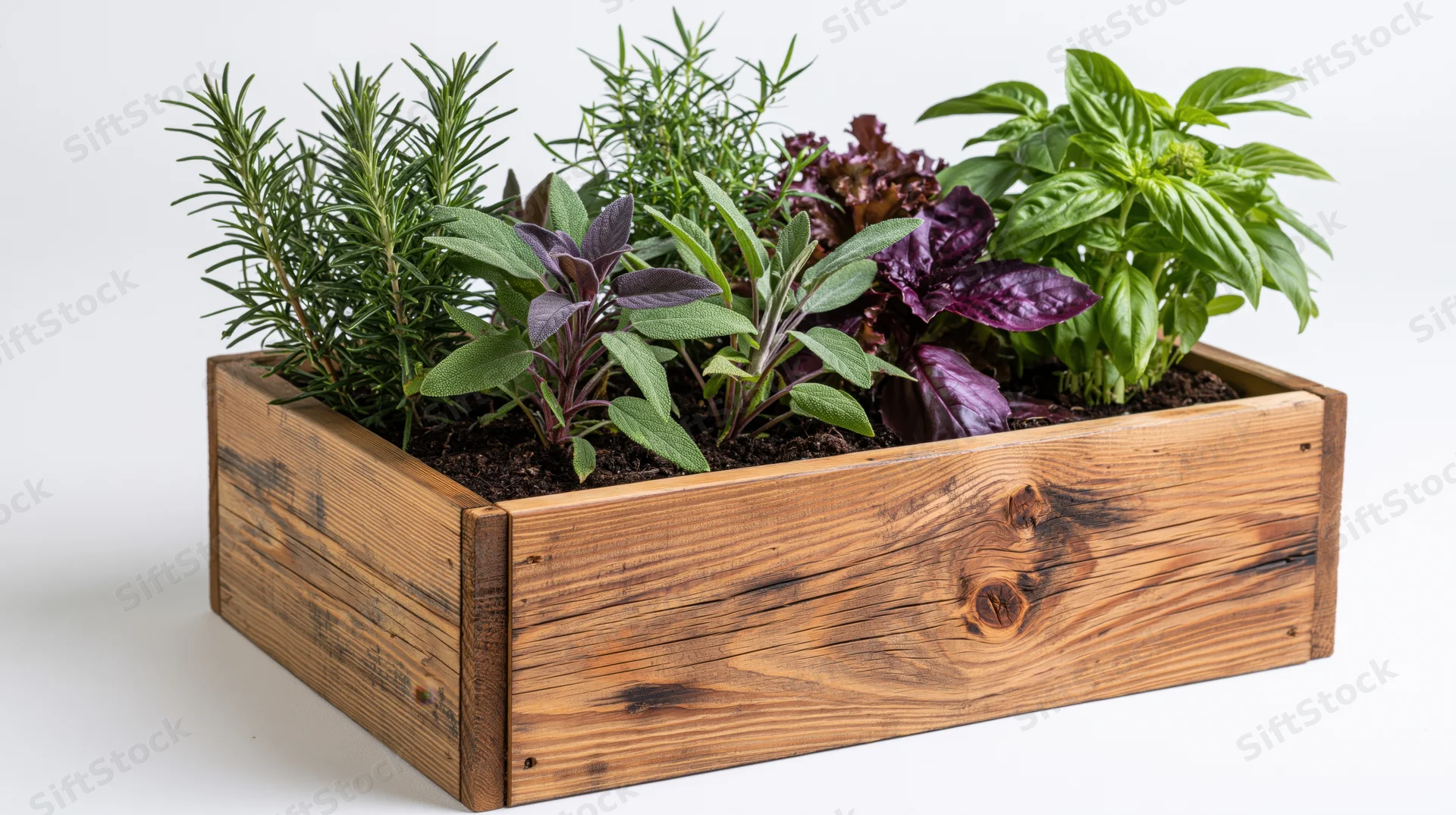 Rectangular wooden planter box filled with mixed fresh herbs on white background