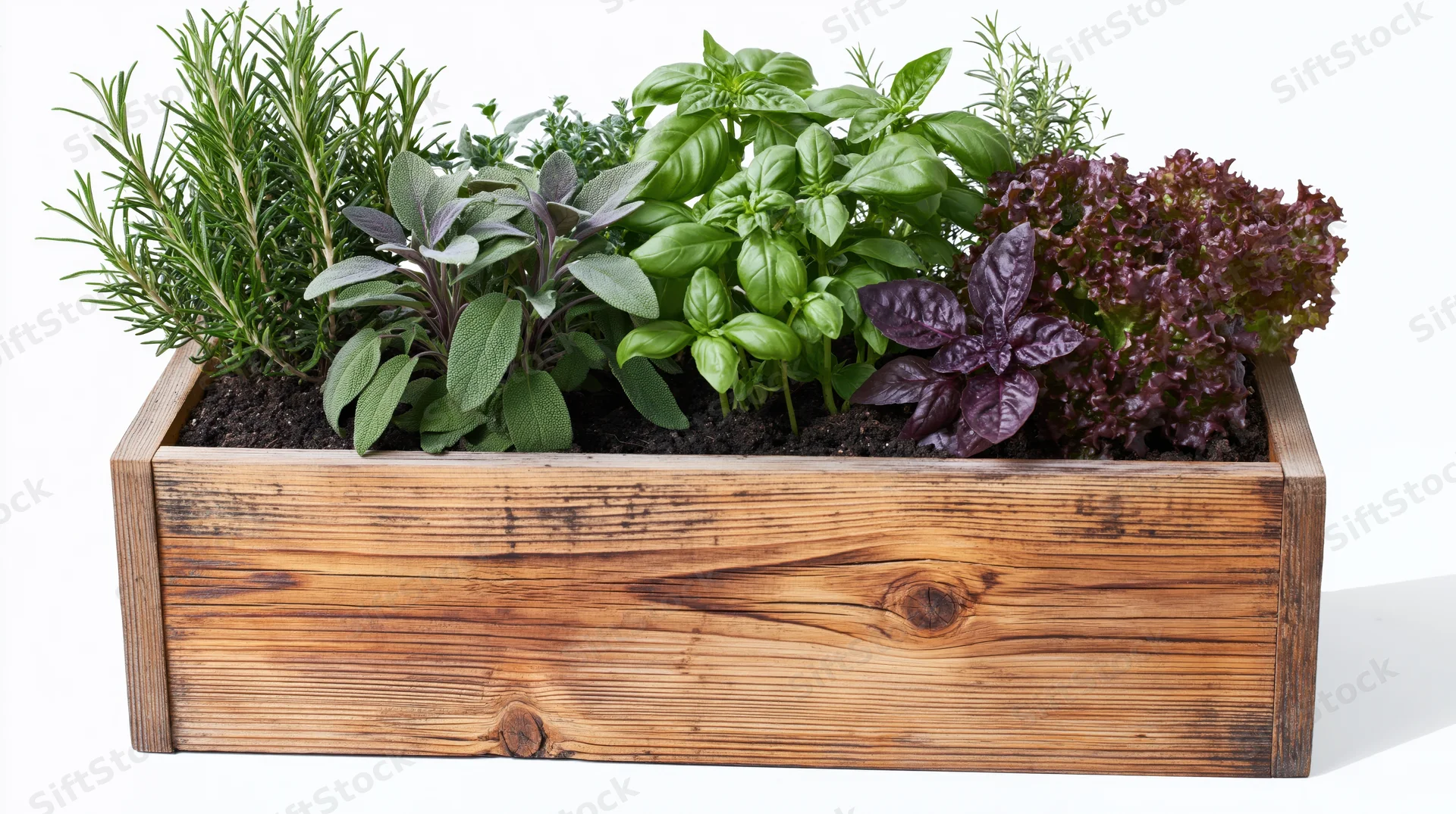 Rectangular wooden planter box filled with mixed fresh herbs and leafy greens on white background