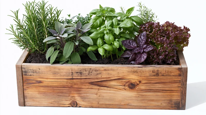 Rectangular wooden planter box filled with mixed fresh herbs and leafy greens on white background