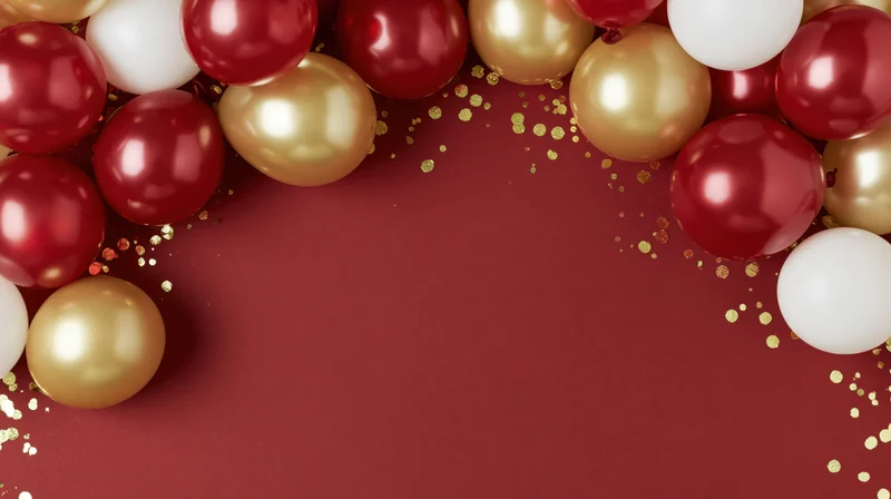 Glossy red gold and white balloons clustered along the top edge of a maroon surface with gold glitter and copyspace below