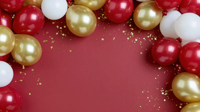 Glossy red gold and white balloons arranged in a frame on red surface with glitter and copyspace