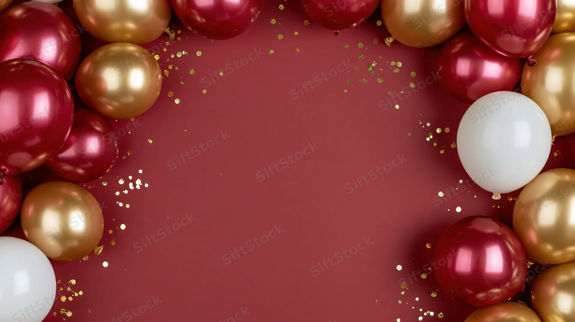 Glossy red gold and white balloons arranged in a circular frame on a red surface with gold glitter and copyspace