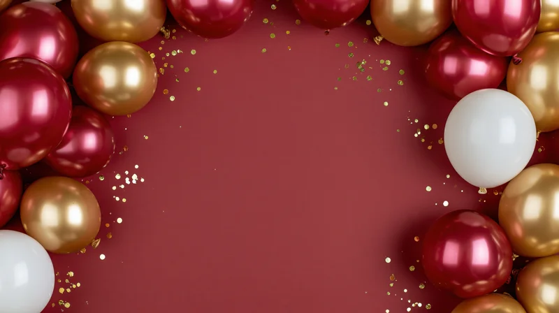 Glossy red gold and white balloons arranged in a circular frame on a red surface with gold glitter and copyspace