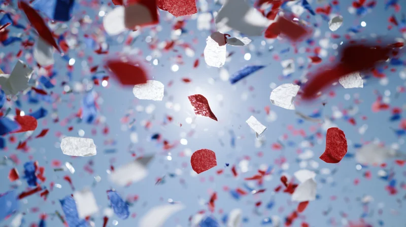 Red white and blue paper confetti falling against a bright sky during a festive outdoor celebration