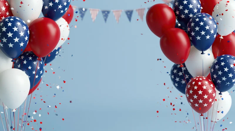 Red white and blue balloons with stars and confetti framing a light blue copyspace for independence day celebration