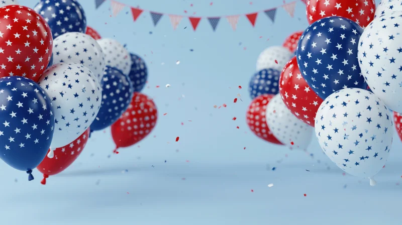 Red white and blue balloons with star pattern floating in a festive arrangement with bunting and confetti against a light blue background