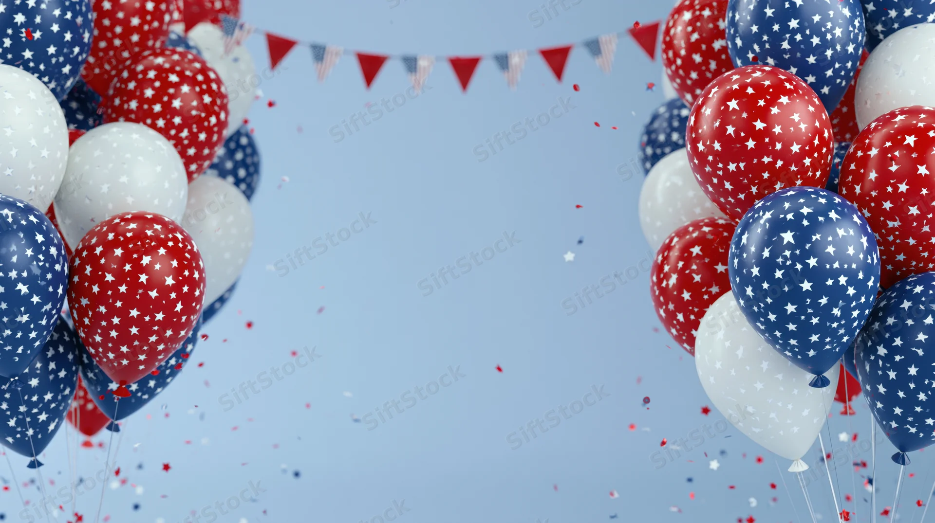 Red white and blue balloons with star patterns and bunting framing a clear sky with confetti floating in the air