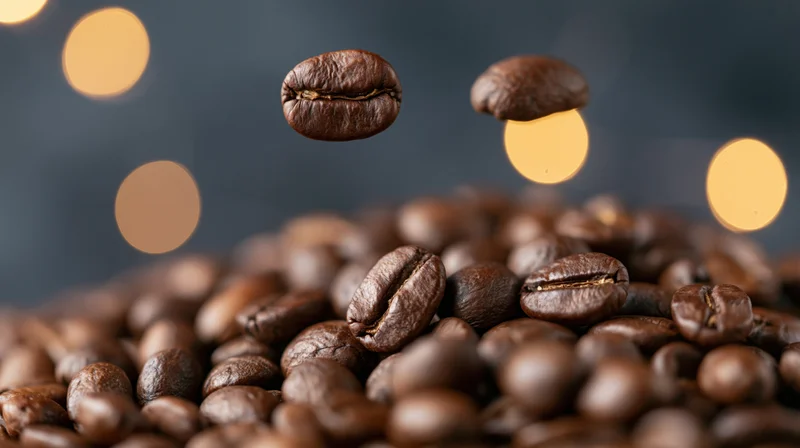 Roasted coffee beans piled in a heap with two beans suspended midair against a blurred background with warm bokeh lights