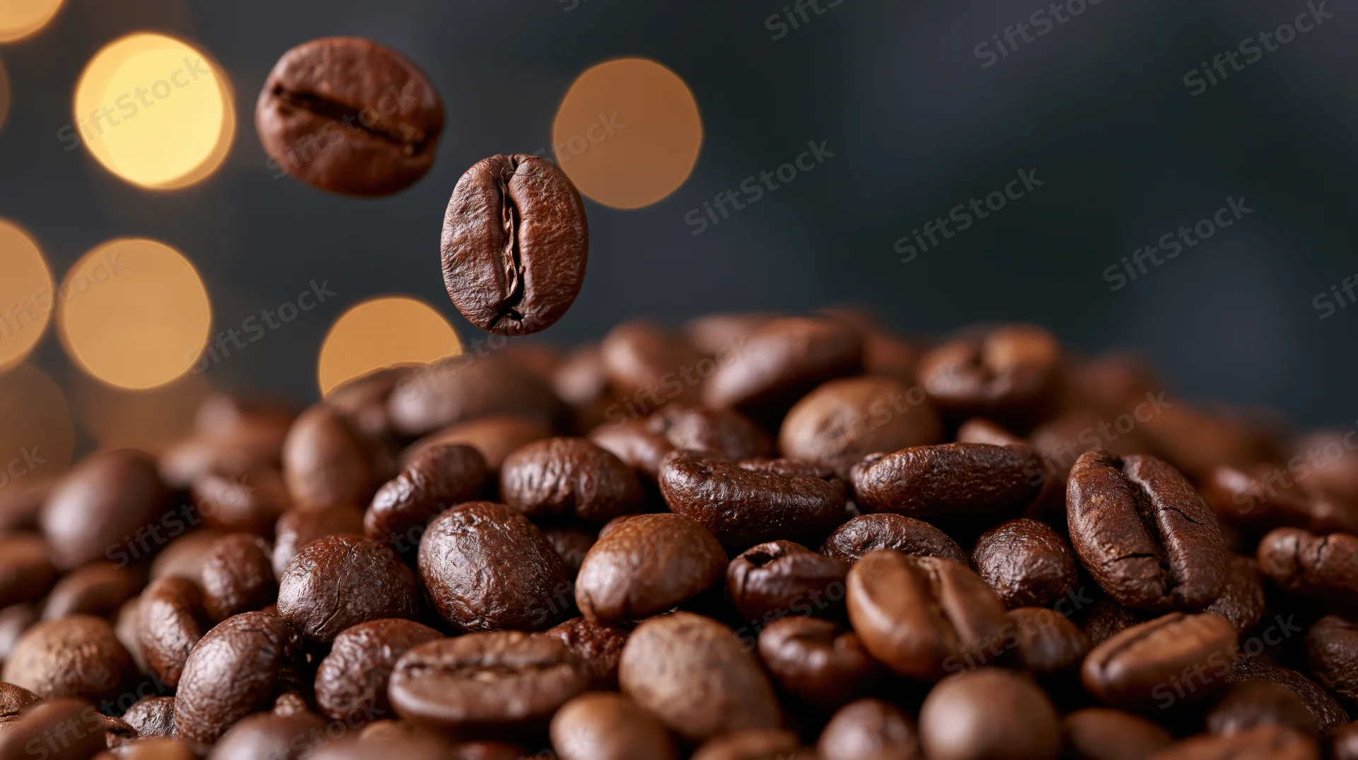 Roasted coffee beans piled in a heap with two beans suspended midair against a dark background with warm bokeh lights