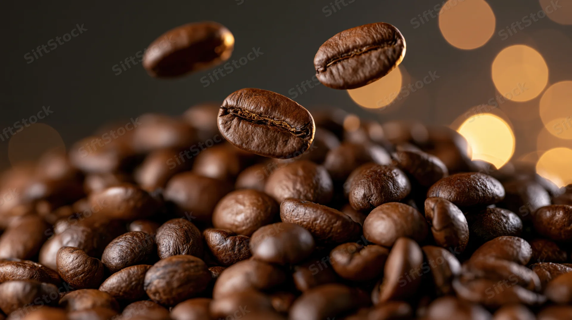 Roasted coffee beans piled in a heap with two beans suspended in midair against a warm bokeh background