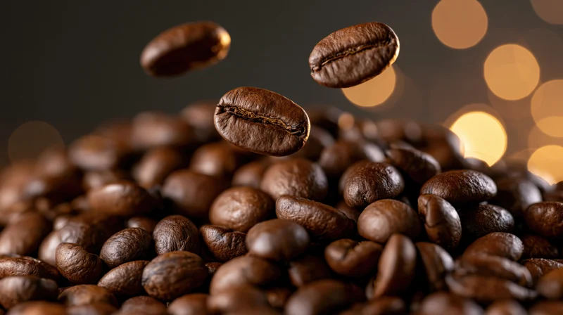 Roasted coffee beans piled in a heap with two beans suspended in