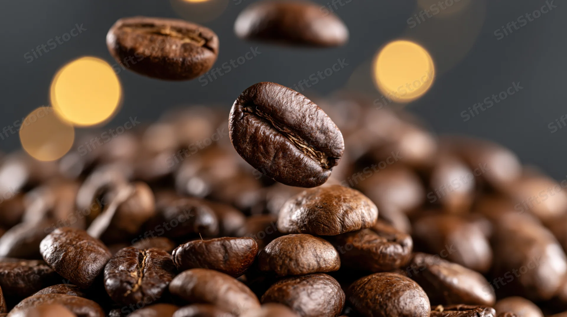 Roasted coffee beans piled in a heap with two beans suspended in midair against a dark background with warm bokeh lights