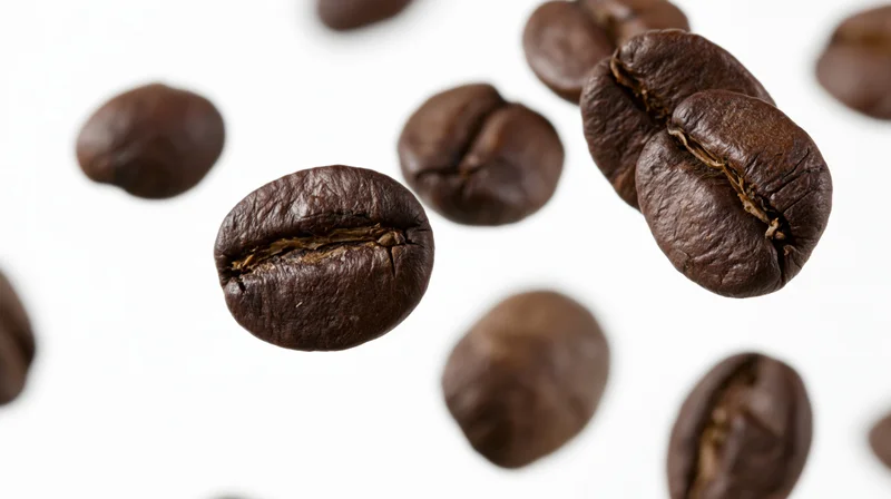 Roasted coffee beans floating midair scattered against white background