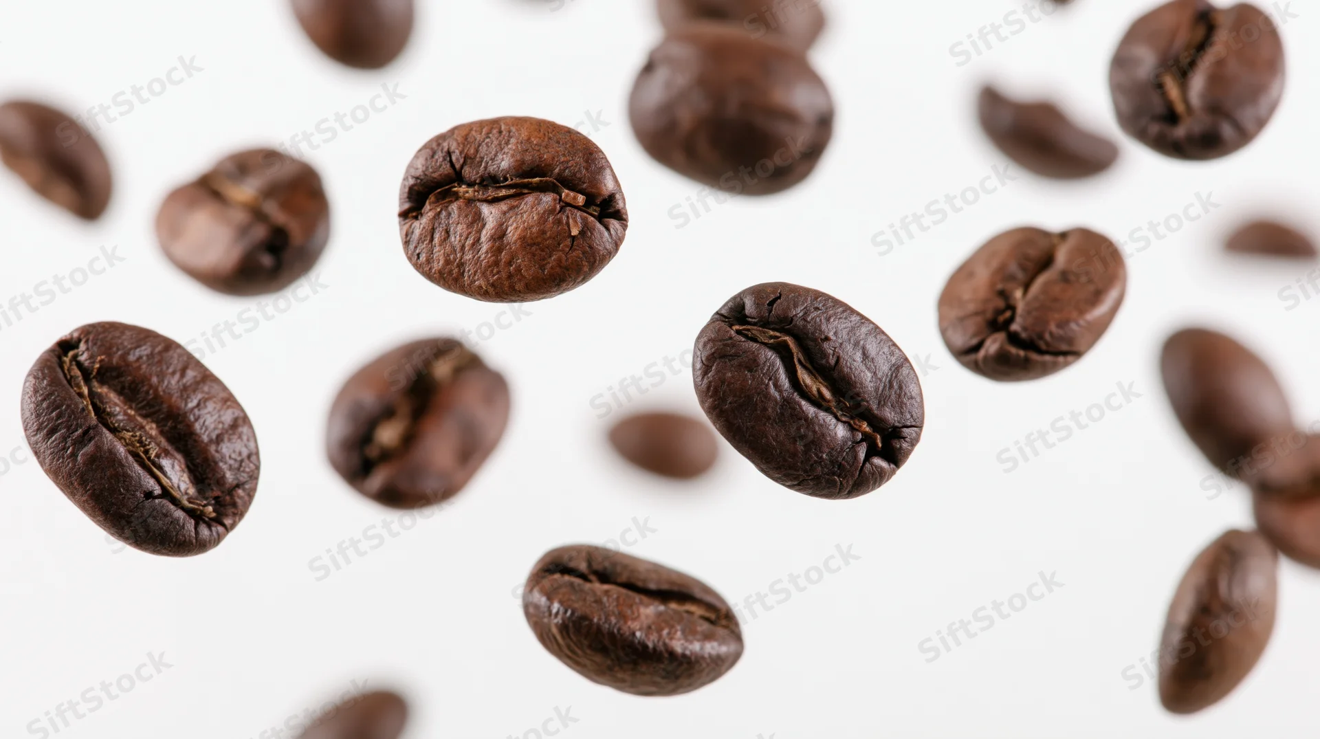 Roasted coffee beans floating midair scattered against white background
