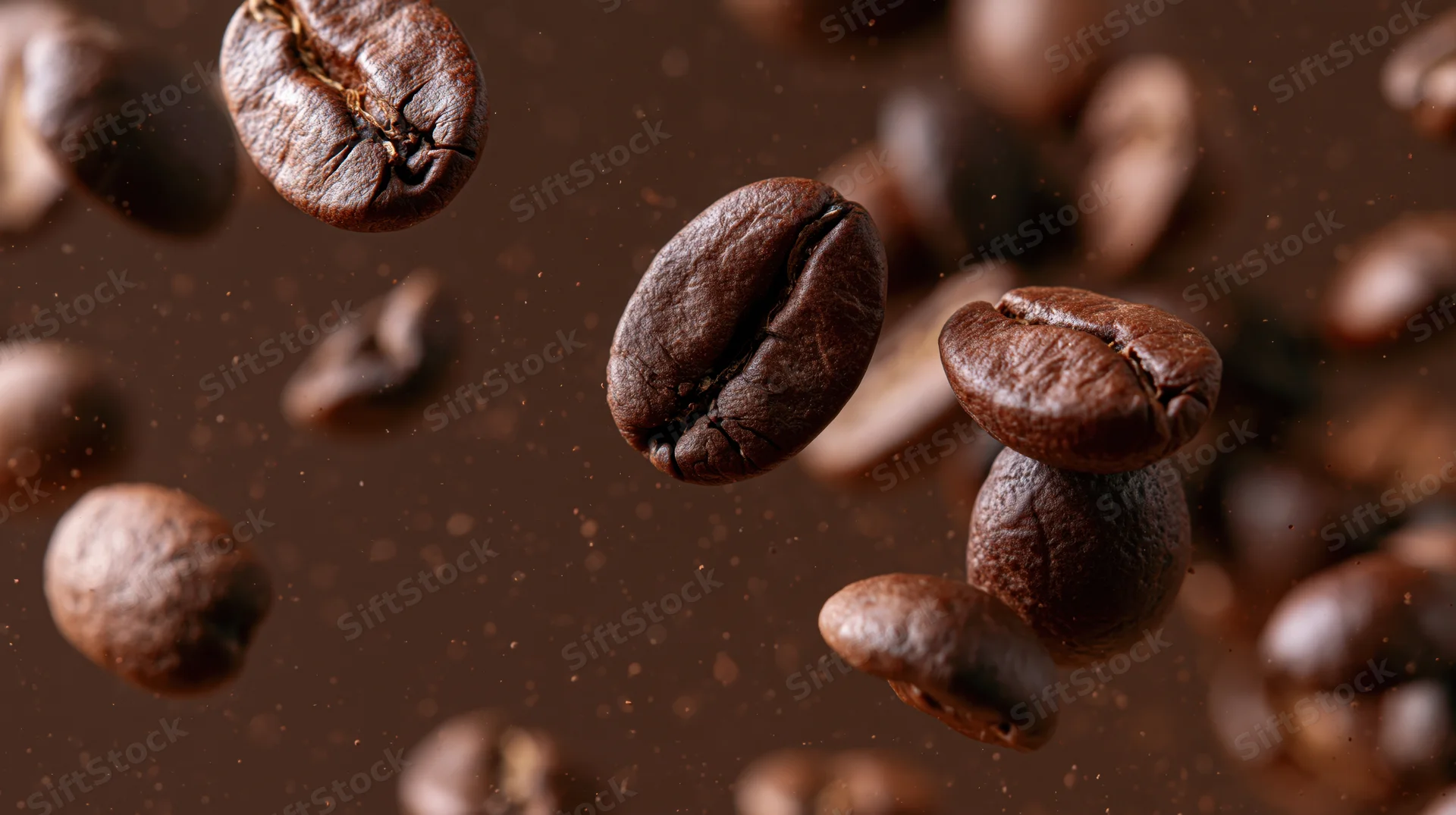 Roasted coffee beans falling midair against a dark brown background