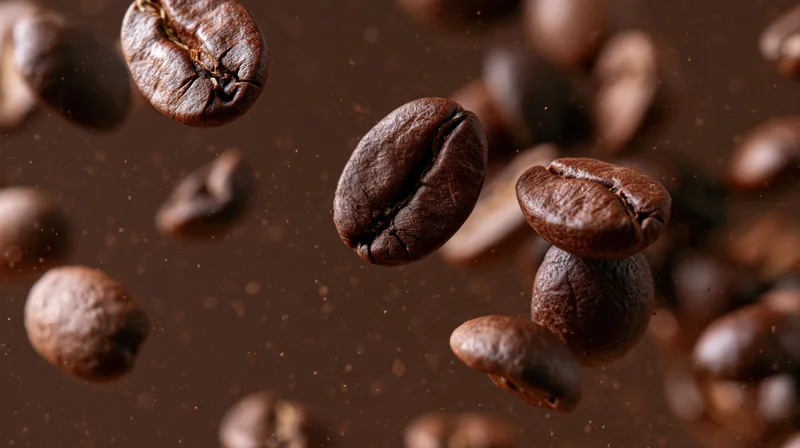 Roasted coffee beans falling midair against a dark brown background