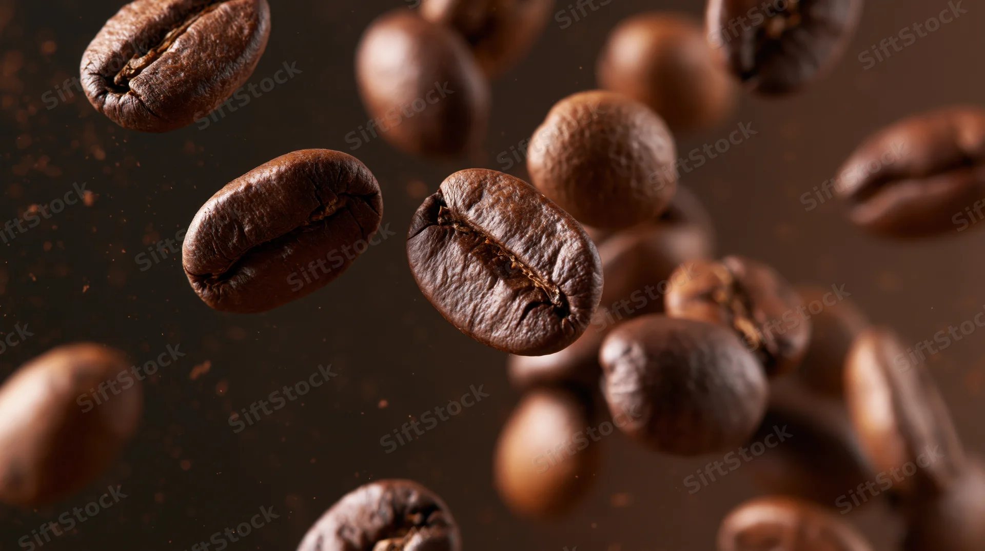 Roasted coffee beans falling midair against dark background