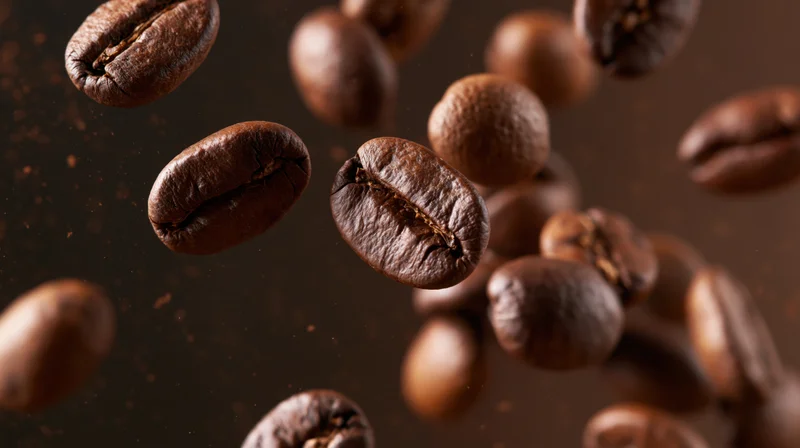Roasted coffee beans falling midair against dark background