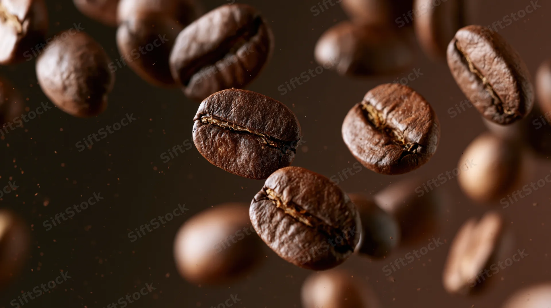 Roasted coffee beans falling midair in closeup against dark background