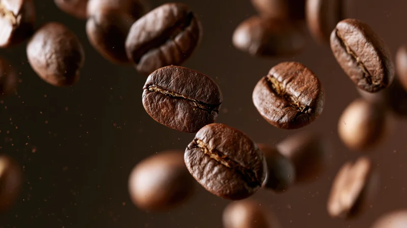 Roasted coffee beans falling midair in closeup against dark background