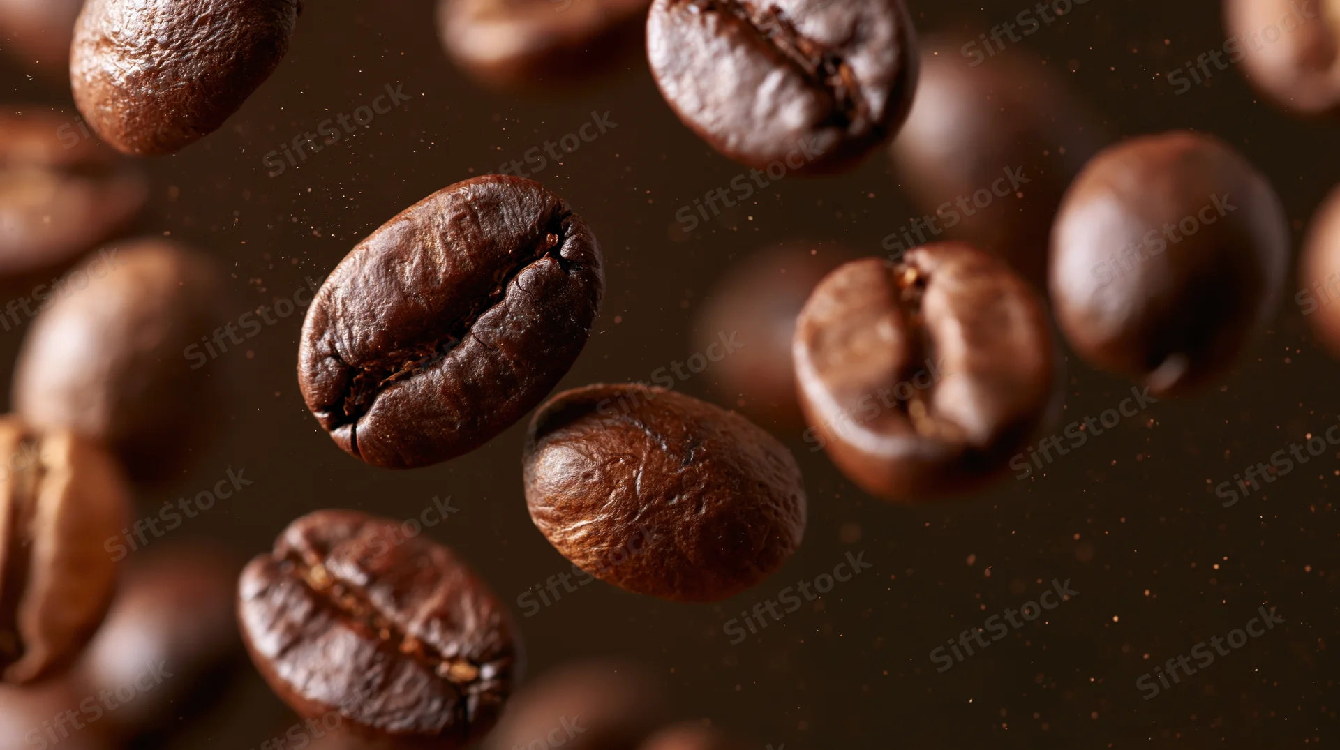 Roasted coffee beans falling midair in closeup against dark background
