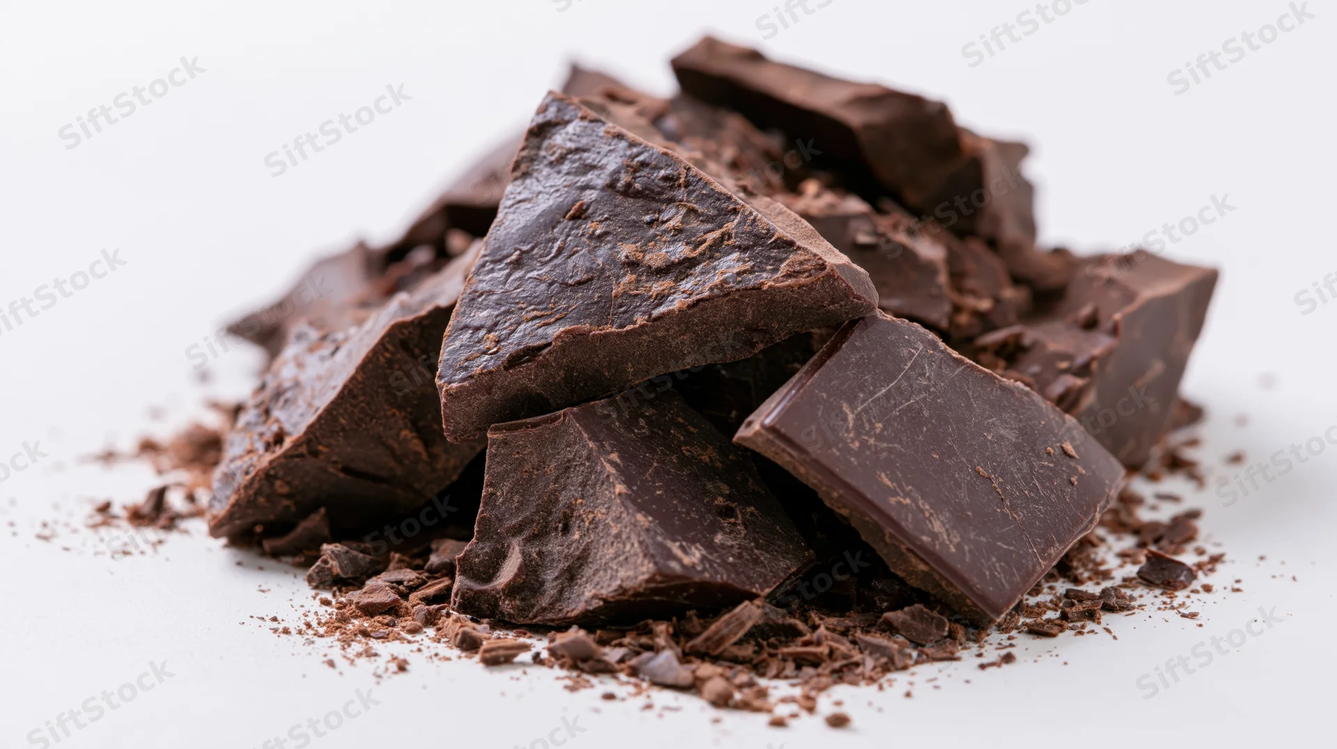 Broken dark chocolate chunks piled loosely on a white surface