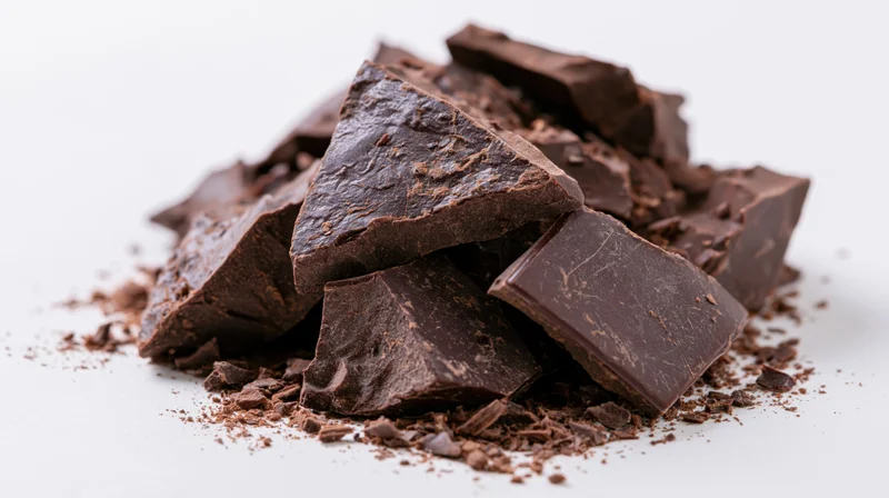 Broken dark chocolate chunks piled loosely on a white surface