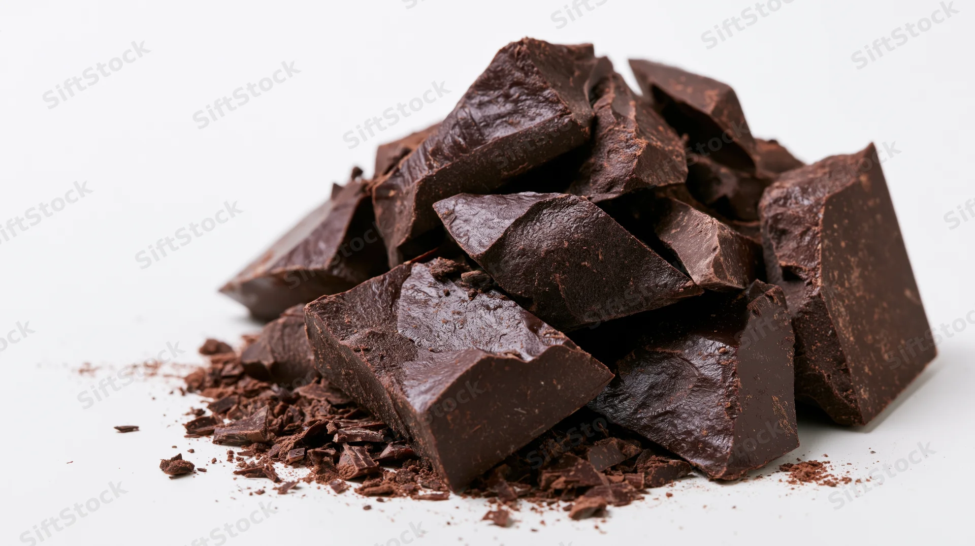 Broken dark chocolate chunks piled loosely on white background