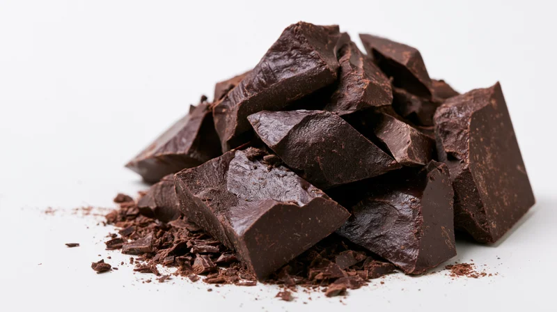 Broken dark chocolate chunks piled loosely on white background