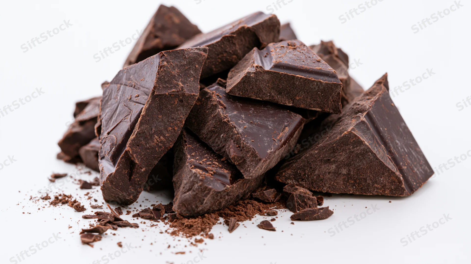 Broken dark chocolate chunks piled loosely on white background with cocoa powder scattered around
